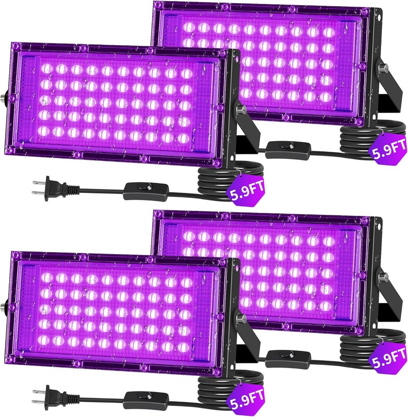 THECHAM Store 50W LED Black Lights IP66 Waterproof Black Light Outdoor with 5.9ft Plug+Switch, Flood Blacklight for Halloween Glow in The Dark Party Stage Light Neon Glow Birthday 4 Pack - Image 1